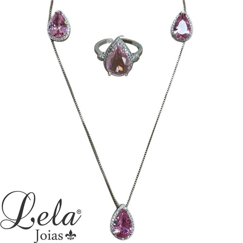 CONJUNTO BRINCO, COLAR E ANEL PONTO DE LUZ GOTA ROSA CRAVEJADA FOLHEADO A RÓDIO BRANCO