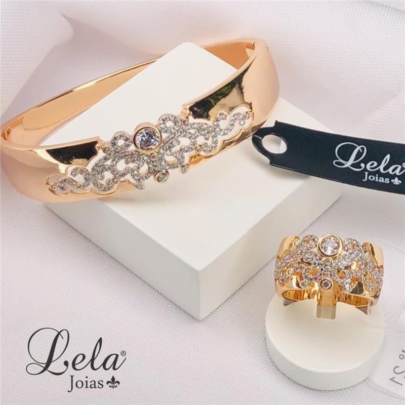 CONJUNTO ANEL E ALGEMA CRAVEJADO FOLHEADO A OURO