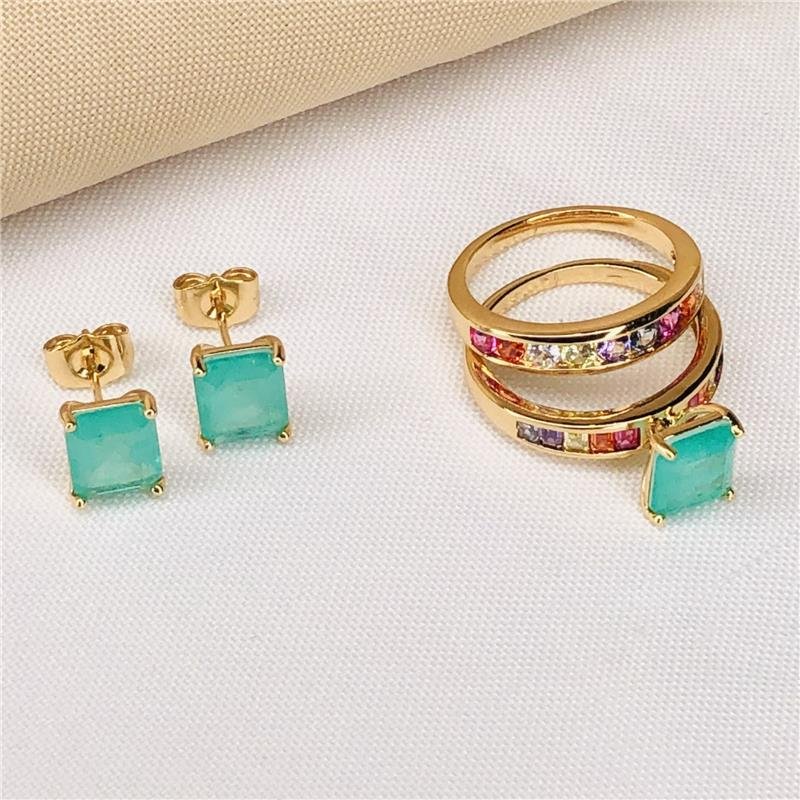 CONJUNTO BRINCO E ANEL DUPLO COM ZIRCÔNIA FUSION E NAVETES COLORIDAS FOLHEADO A OURO