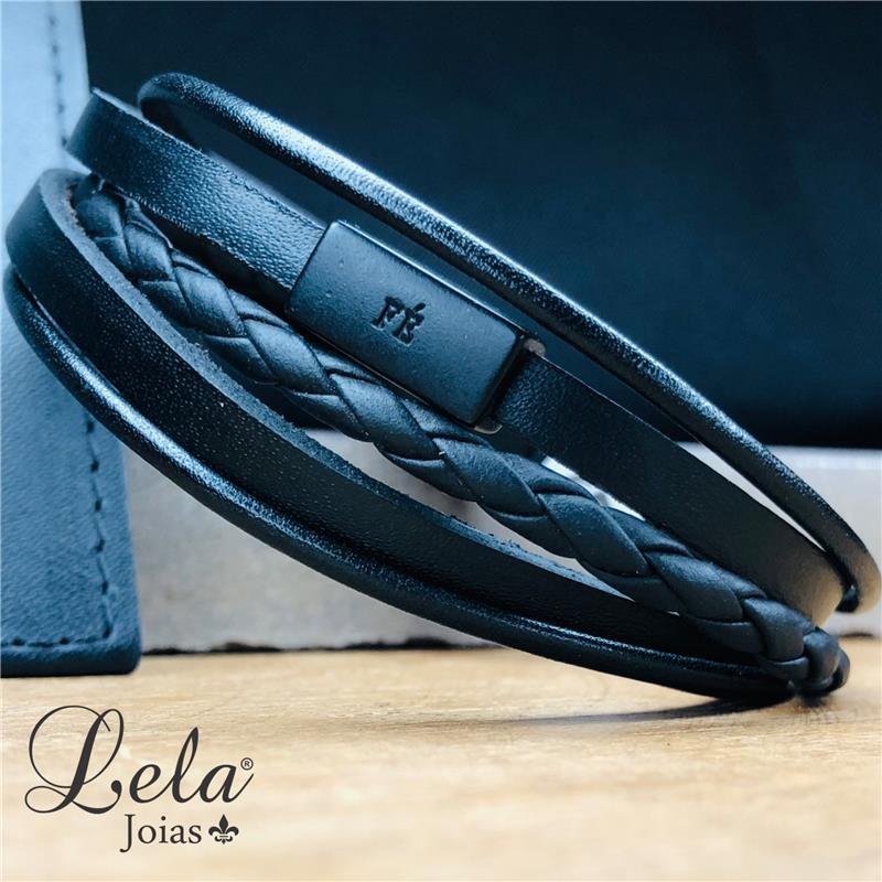 PULSEIRA FOCO FORÇA E FÉ EM COURO PRETO