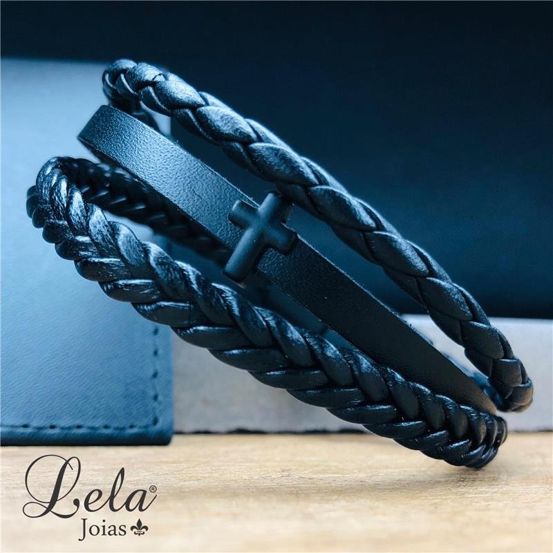 PULSEIRA TRIPLA EM COURO PRETO