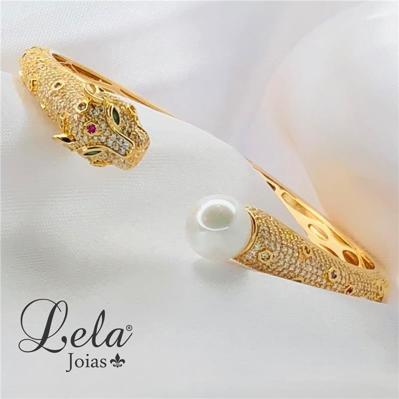 BRACELETE LEOPARDO CRAVEJADO FOLHEADO A OURO