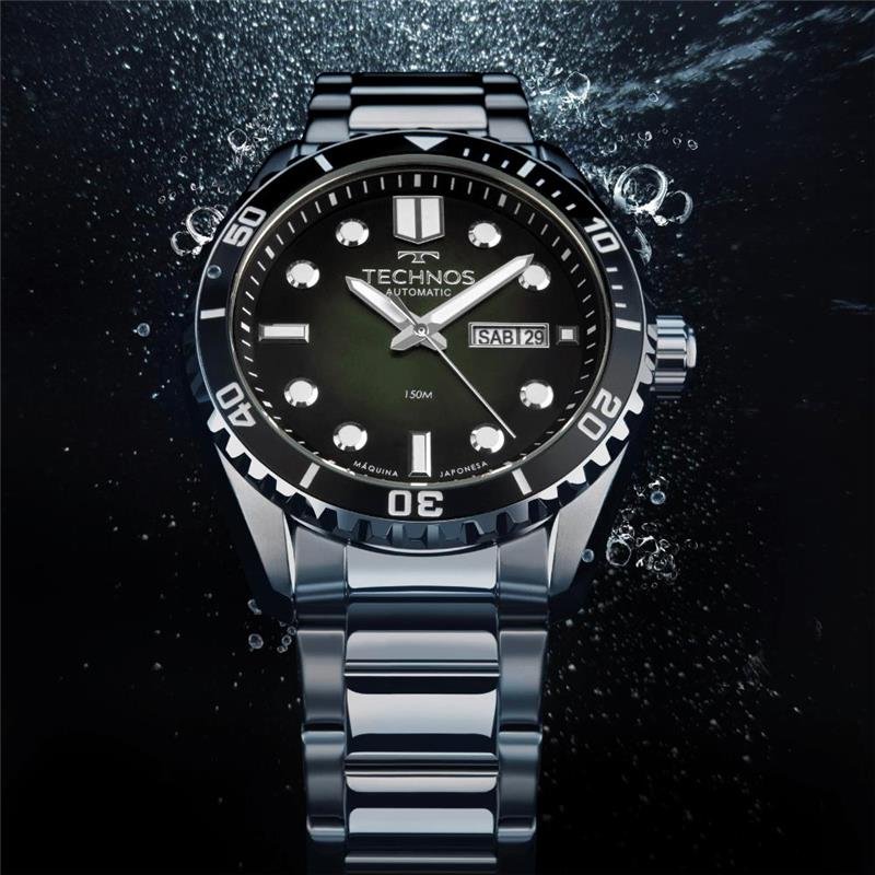 RELOGIO TECHNOS MASCULINO AUTOMÁTICO AÇO INOXIDAVEL MOSTRADOR NA COR VERDE COM EFEITO LUMINESCENTE NOS PONTEIROS E MARCA