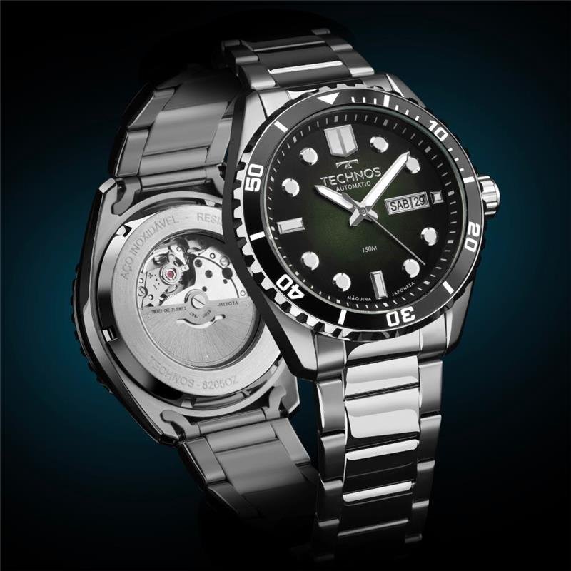 RELOGIO TECHNOS MASCULINO AUTOMÁTICO AÇO INOXIDAVEL MOSTRADOR NA COR VERDE COM EFEITO LUMINESCENTE NOS PONTEIROS E MARCA